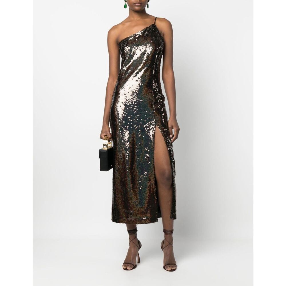 Ilkyaz Ozel Black Sequin Asymmetric Midi Dress Party Glam Chic Size 34